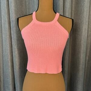 Pink Ribbed Knit Halter Crop Top 100% Cotton XS